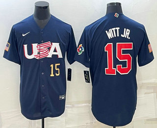 Mens USA Baseball #15 Bobby Witt Jr Number 2023 Navy World Baseball Classic Stitched Jersey